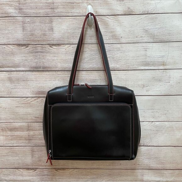 LODIS LAPTOP BAG IN BLACK LEATHER WITH RED TRIM - Picture 1 of 10